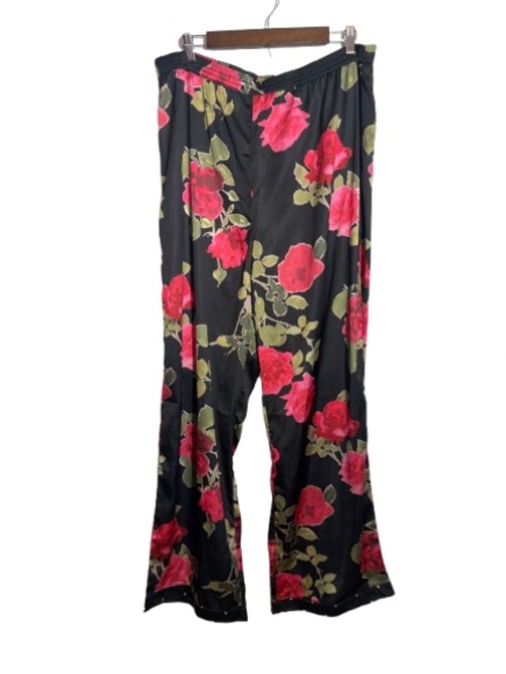 NWT Nasty Gal Black Satin Floral Lounge PJ Pants with Pink Rose Print